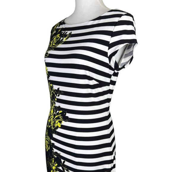 Cache Black & White Stripe Yellow Floral Print Jersey Knit Stretch Sheath Dress - Picture 5 of 10